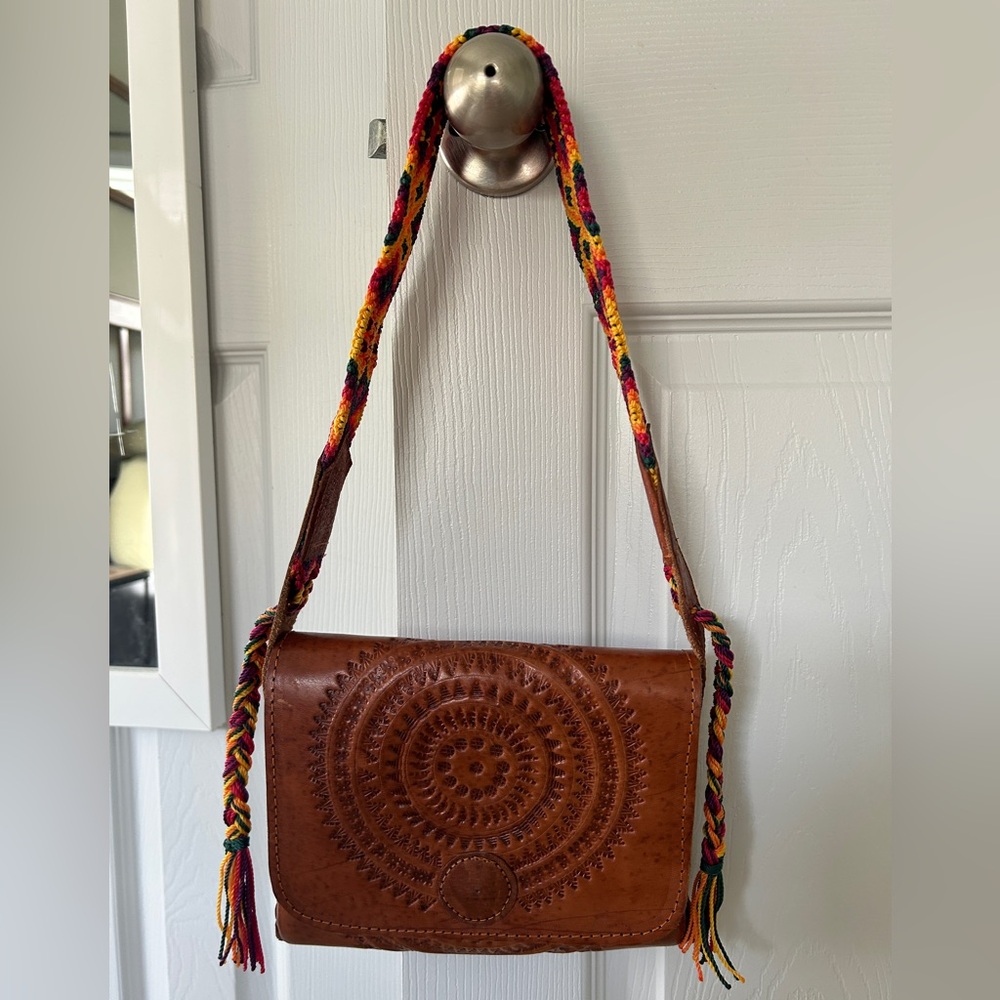 Handcrafted Brown Leather Bag with Multicolor Braided Strap